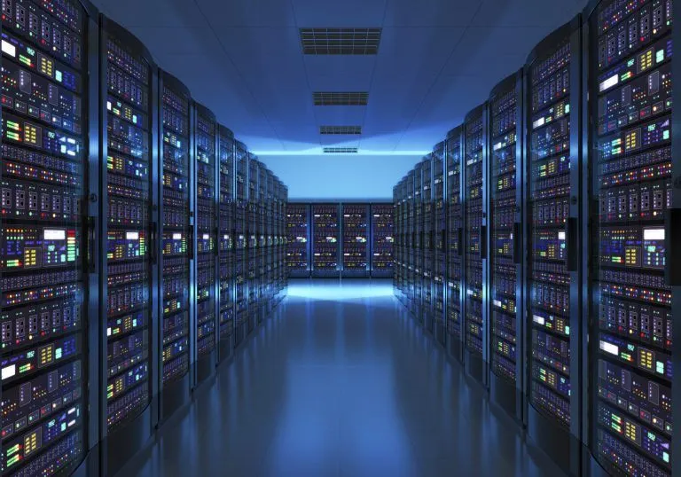 Rows of server racks inside a datacenter